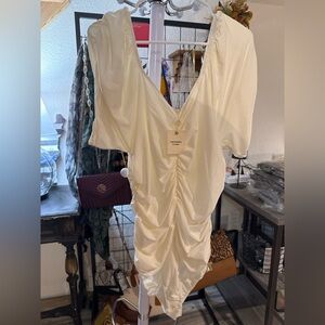 Andthewhy Ruched Mini Dress Ivory Puff Sleeve Bodycon NWT